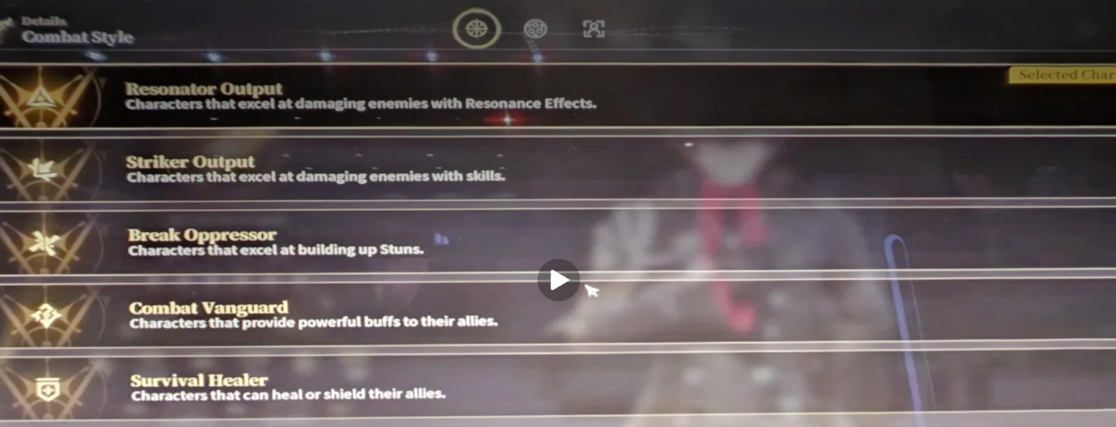 The five Combat Style roles shown in Silver Palace expo preview footage