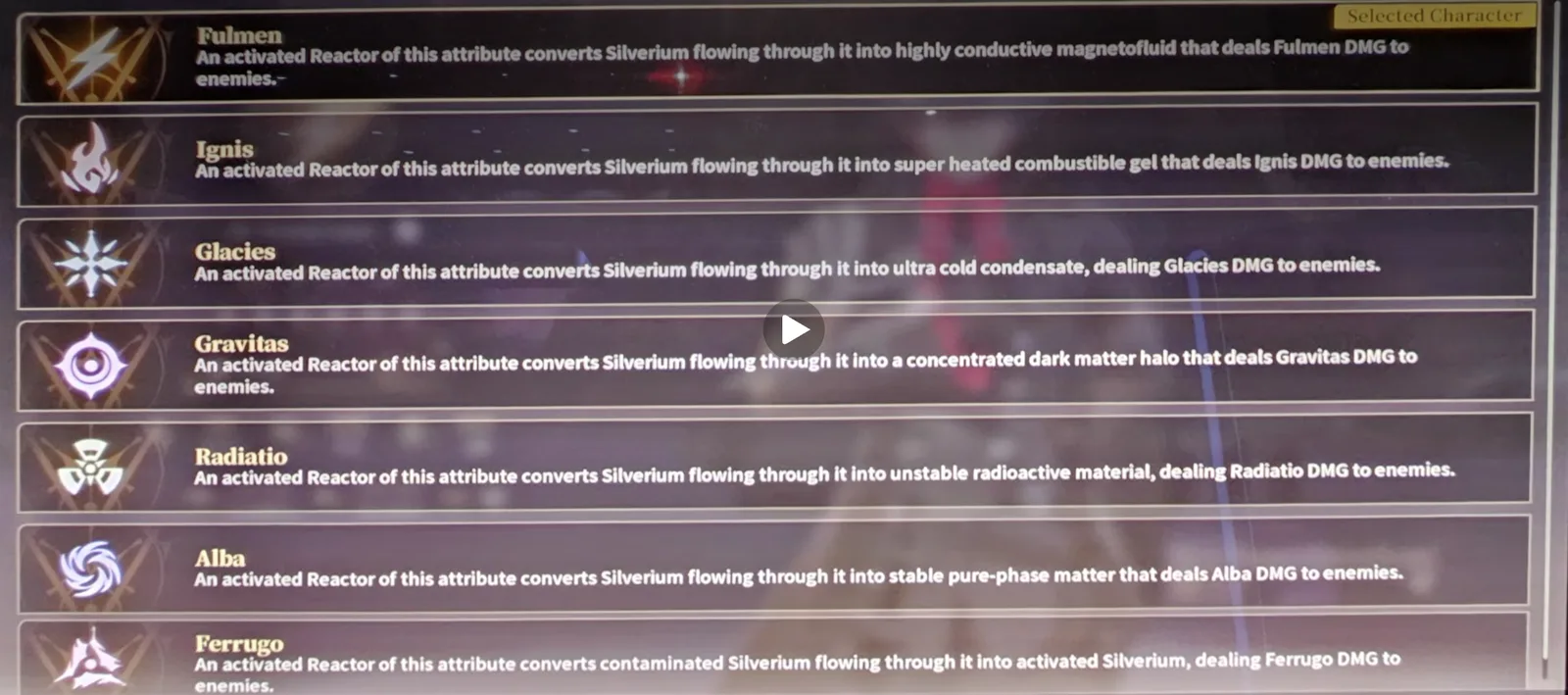 All seven Reactor Attributes listed in Silver Palace expo footage